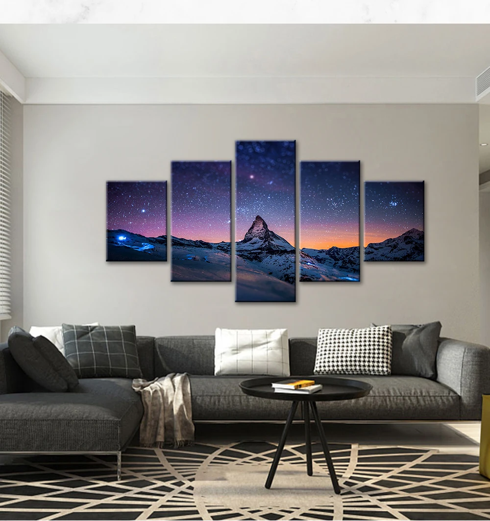 5 Piece Starry Night Sky Wall Art Picture Purple Star Skyline Over The Mountain Painting Landscape Artwork For Modern Home Decor