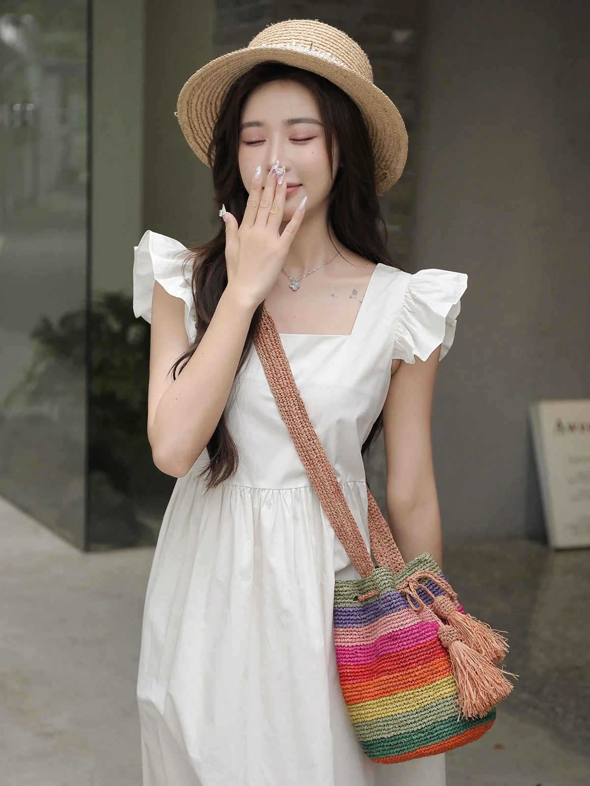 NEW Drawstring RAFFIA Woven Shoulder Handbag Leisure Vacation Seaside Beach Bag Summer Net Straw Travel Bucket Bag Women Purse