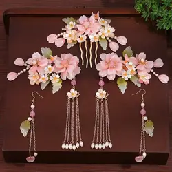 Ancient Hanfu Hair Sticks Tassel Flower Hair Clip Haircomb Set Bridal Headdress Headwear Retro Wedding Hair Accessories Jewelry