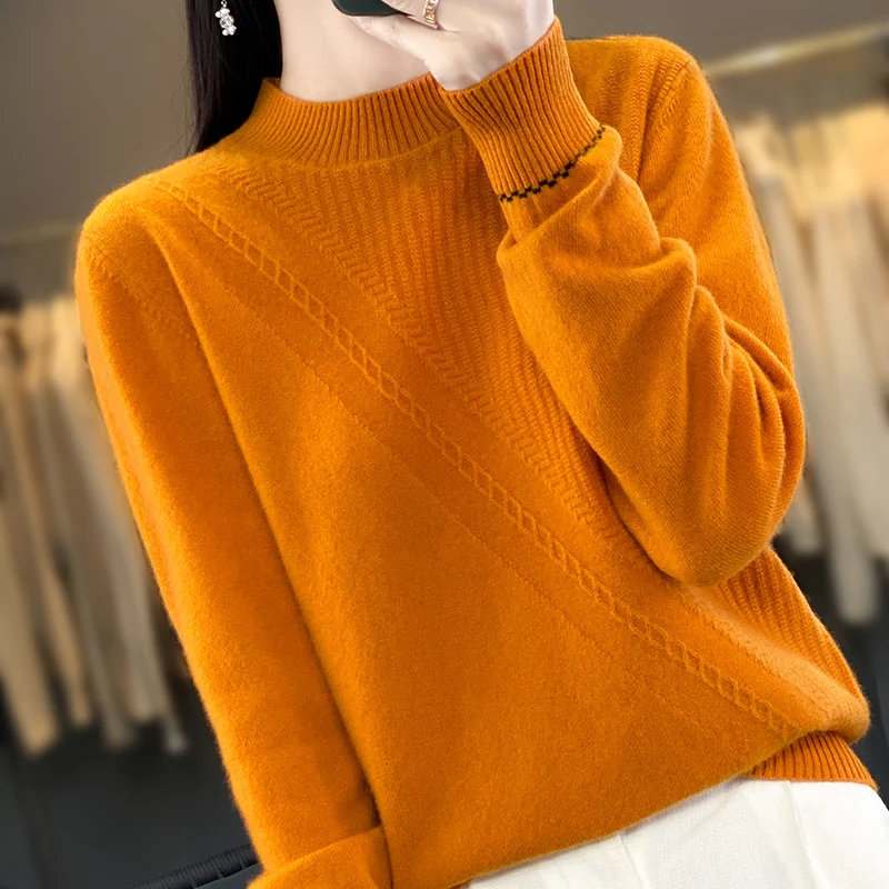 

BELIARST 100% Merino Wool Half High Neck Sweater Women's Knitting Pullover Solid Color Diagonal Stitching Pattern M-8136