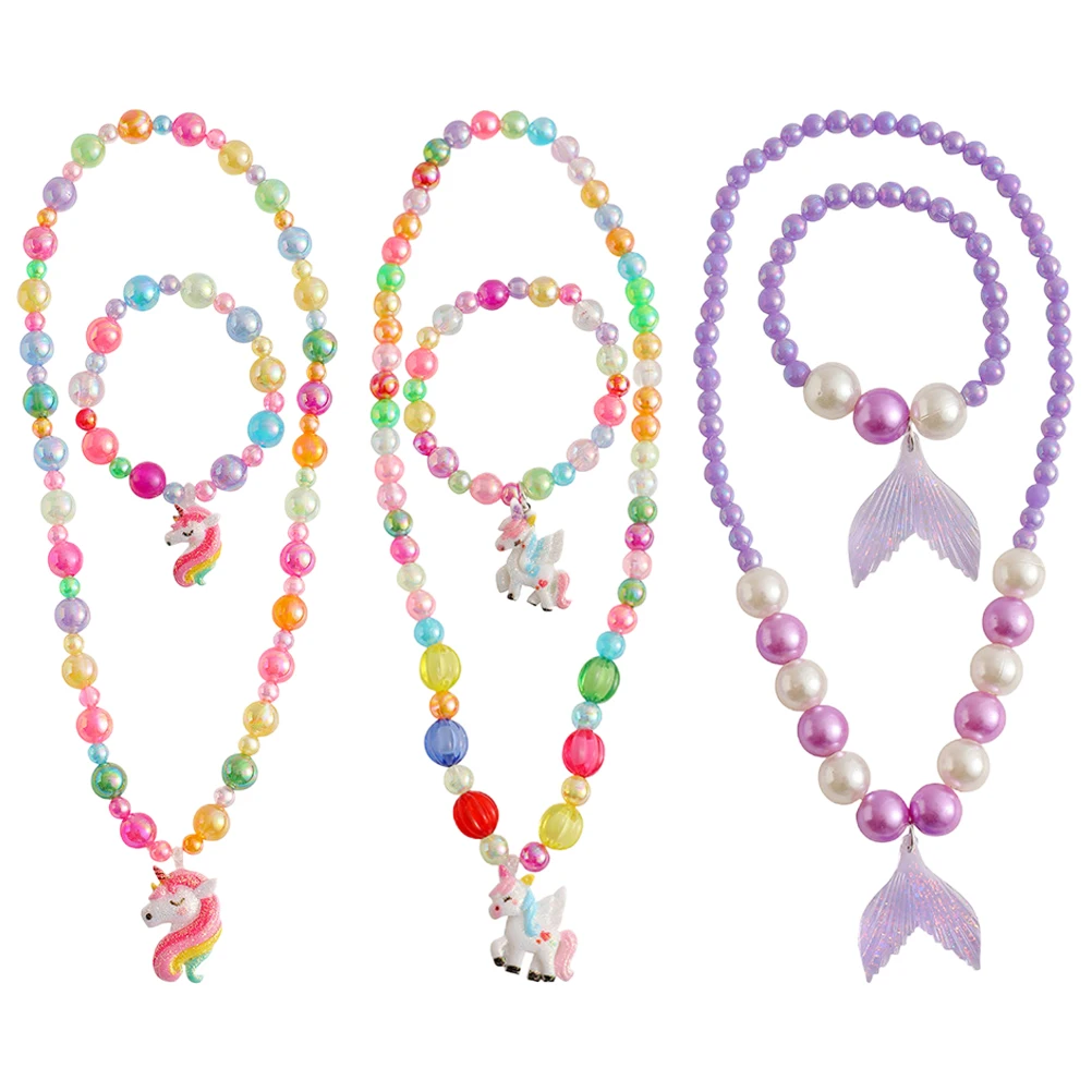 3 zestawy dziecięcych bransoletek z koralików, biżuteria jednorożca dla małych dziewczynek, modny naszyjnik dla dzieci, bransoletki z koralików do przebierania się, z motywem kreskówkowym