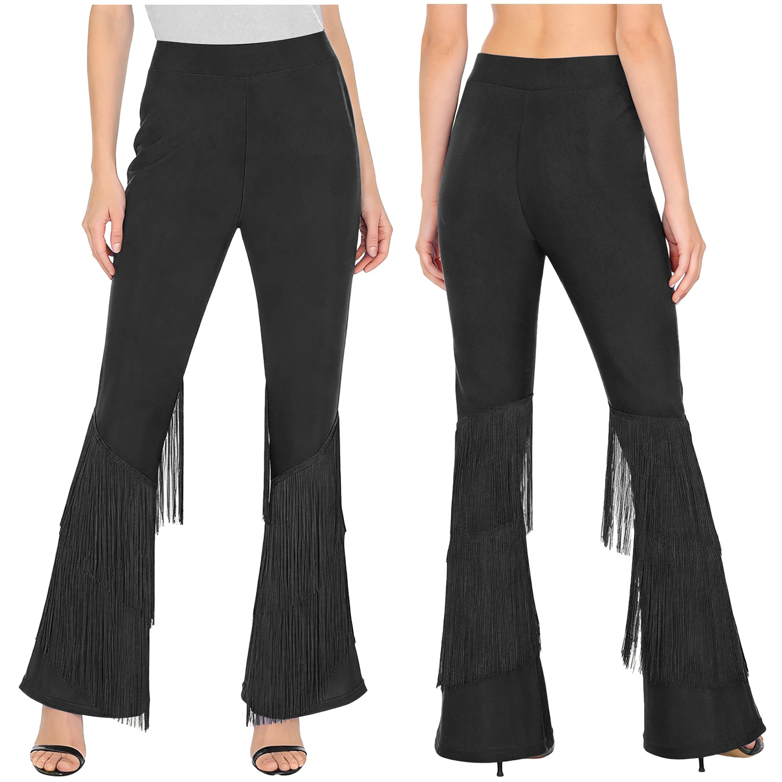 Frauen Latin Dance Tango Quaste Hosen Elastischer Bund Tiered Fransen Hosen für Cha-cha Rumba Ballsaal Salsa Bühne Leistung