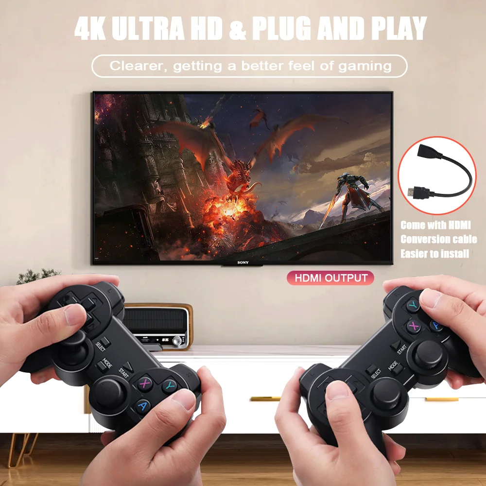 คอนโซลเกม Retro 4K 60fps HDMI Output Low Latency เกมทีวี Stick 2.4G ที่จับแบบคู่แบบพกพาเกมคอนโซลสำหรับ PSP PS1 GBA