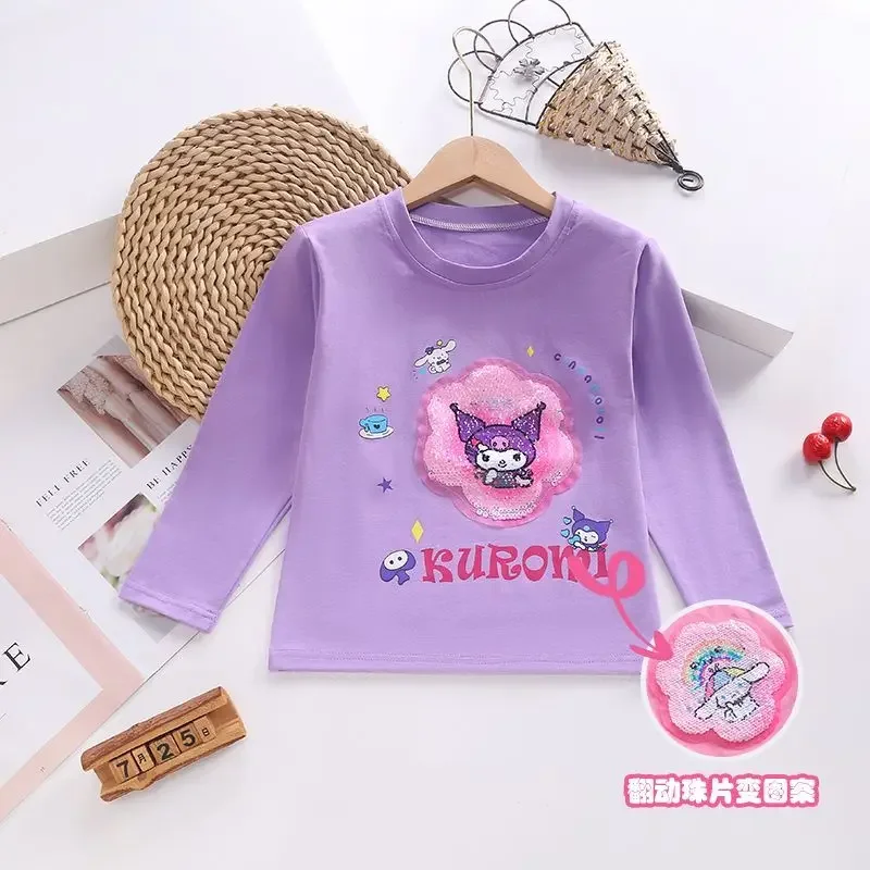 

Girls Heart Kuromi Long Sleeve T-Shirt Kawaii Sanrio Anime Autumn Children Top Cartoon Cute Color-Changing Sequined Clothes Gift