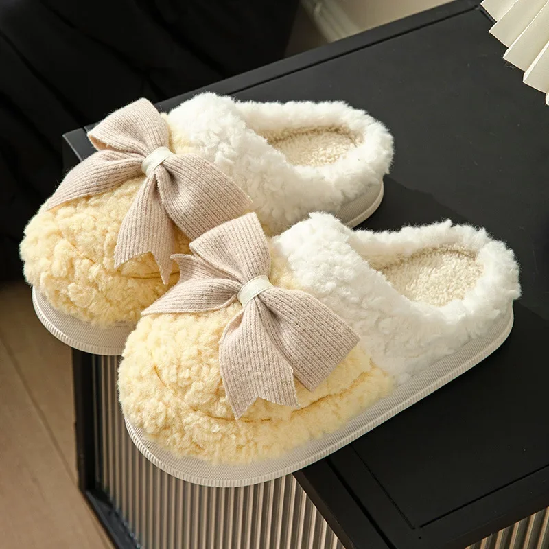 Lace Bowknot Faux Fur Slippers for Women Sweet Winter Soft Plush Home Slippers Woman New 2023 Non-Slip Warm Indoor Cotton Slides