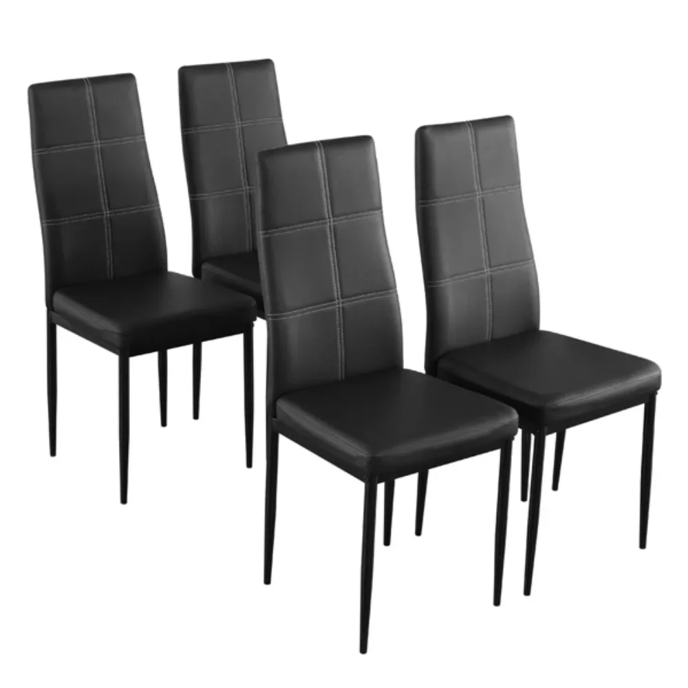 4 Dining Chairs, Six-Compartment Sewing Decoration PU Leather Dining Chairs, Round Tubes, Black Ergonomic High Backrest Design