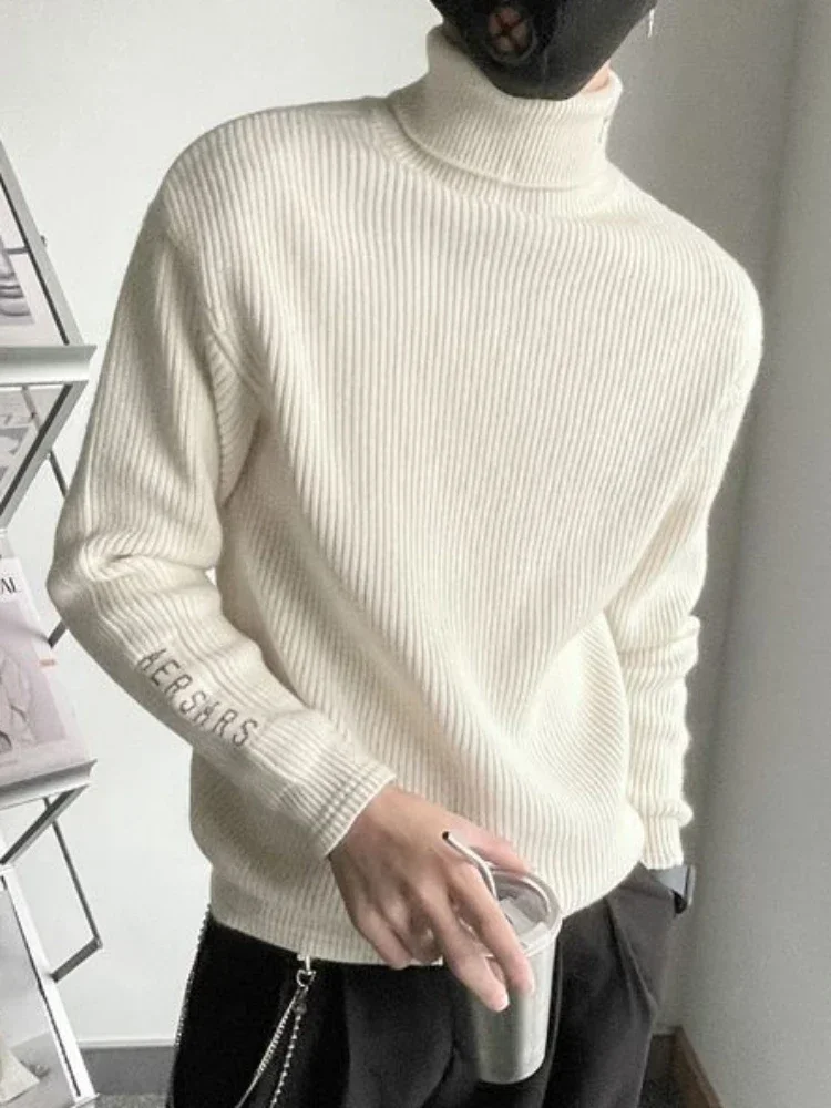 Knitted Sweaters for Men Turtleneck High Collar Black Man Clothes Pullovers Coat Jacket Letter Maletry New in Plus Size Casual S