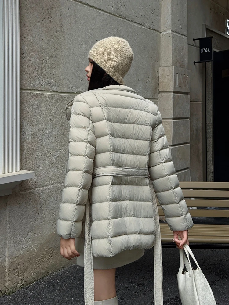 Winter Waterproof Pork Rib Style Down Jacket Women White Duck Down Stand Collar Outwears Female Warm Thick Lace Up Down Jacket