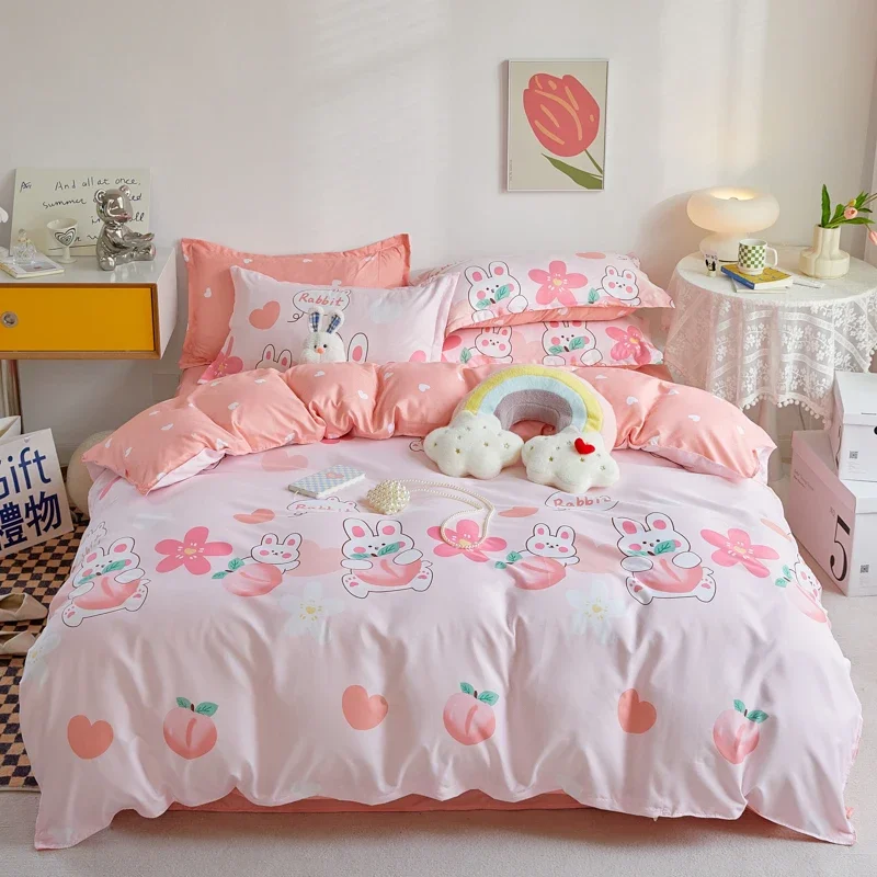 

Peach Fruits Rabbit Bedding Set Teens Reversible Cartoon Duvet Cover Set with 4 Corner Ties Zipper Closure Cozy Comfort Covers