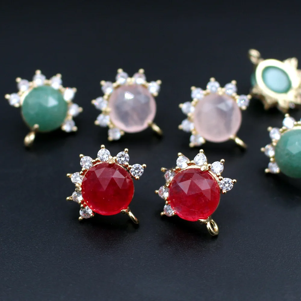 

6pair Rose Quartz Labradorite Stone CZ Sunburst Studs Earrings Post with Loop Linker DIY for Women Hanging on Drops Earrings