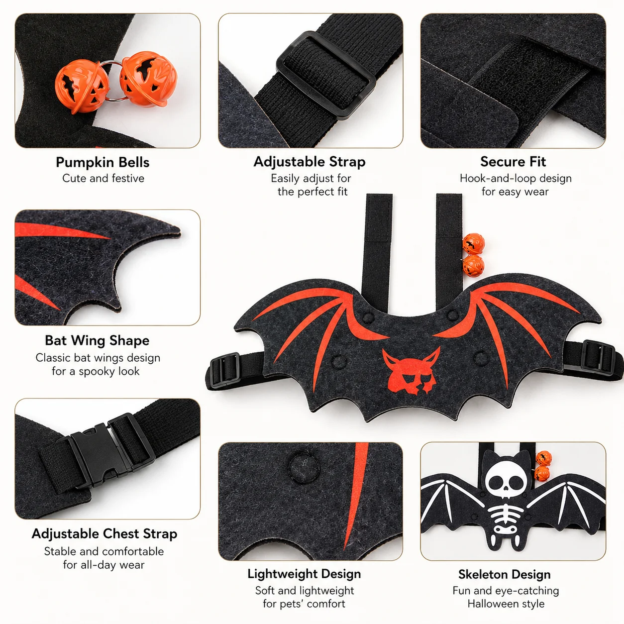 Halloween Bat Wings Pet Harness for Cats Small Dogs Devil Skull Cosplay Costume Adjustable Festival Party Photo Shoot Outfit