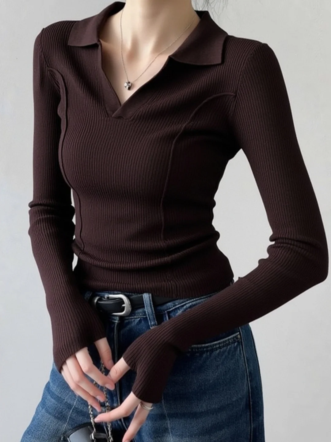 Navy  Shirt Knitted Long Sleeve Turn-down Collar Base Layer Women's Early Autumn Sweater Inner High-grade Sensation Tempe...
