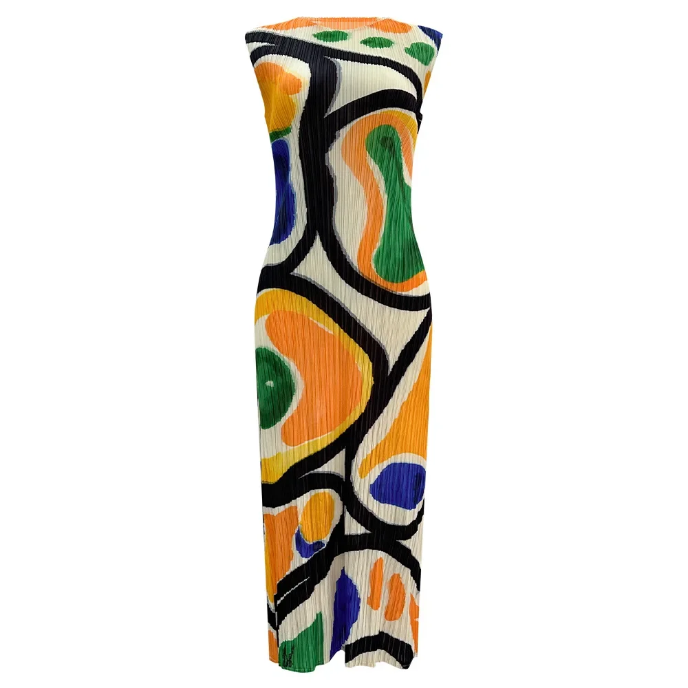 Miyake Women Abstract Print Pleated Midi Dress, Round Neck Sleeveless Slim Fit Bodycon Pleated Long Dress Elegant Party Dress