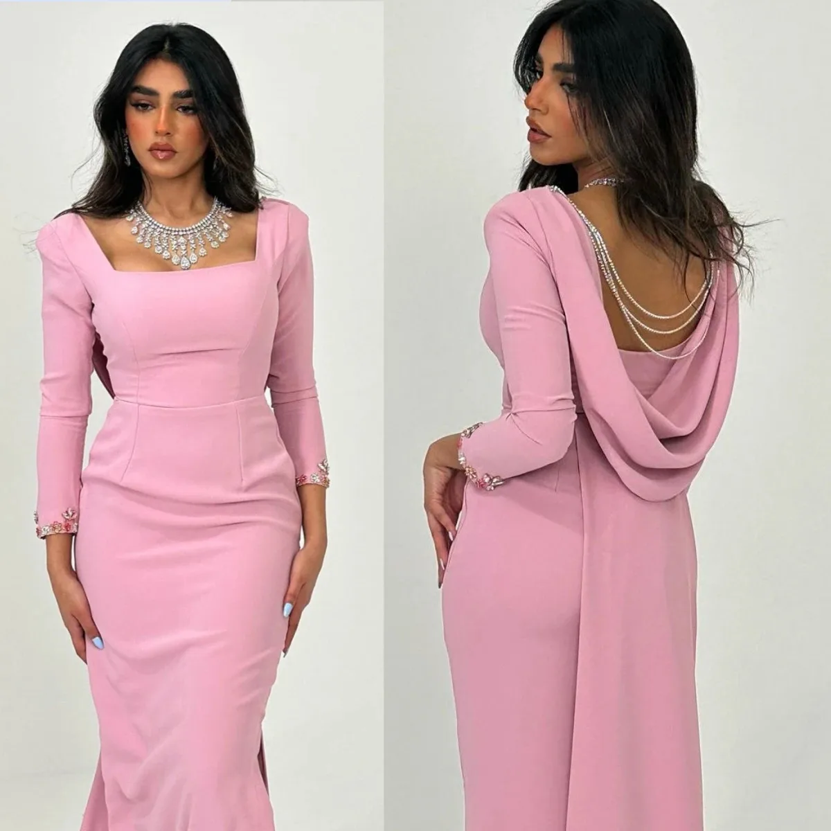 Personalizado rosa luxo decote quadrado sereia vestidos de baile até o chão bordado noite arábia saudita feminino formal