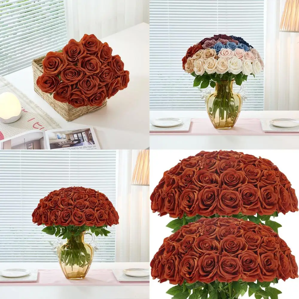 

50 искусственных шелковых роз цвета охры с стеблями для реалистичного свадебного и домашнего декора