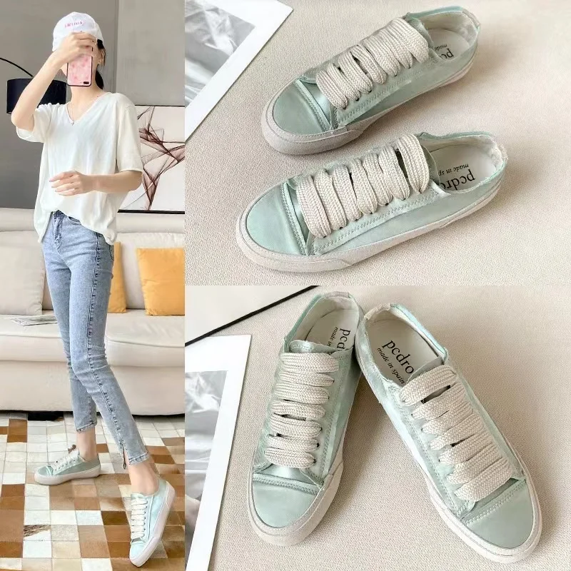 2023 New Satin Shoes Flat Sneakers Women\'s Commuter Shoes Flat Shoes Casual and Comfortable Soft Bottom White Shoes Women Tennis