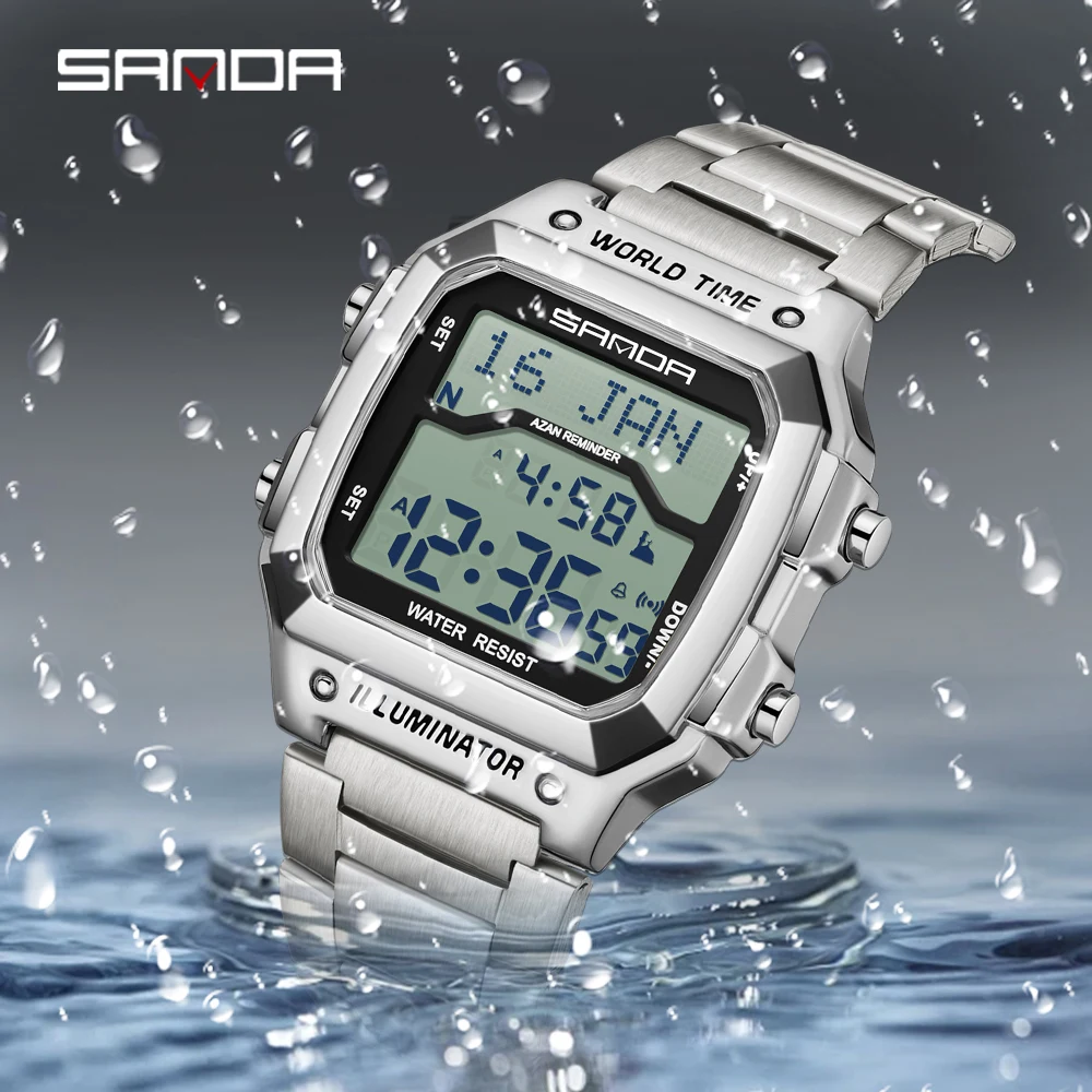 SANDA 2173 мужские электронные цифровые часы водонепроницаемые светодиодные многофункциональные таймеры обратного отсчета мужские электронные часы будильник