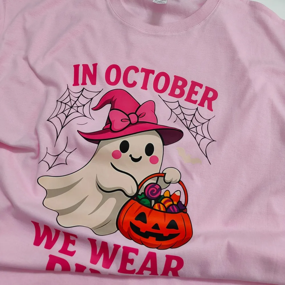 In October We Wear Pink Tshirt Cute Ghost Halloween Sublimation Shirt Breast Cancer Awareness Spooky Tee Women Daily Life Tops view 2