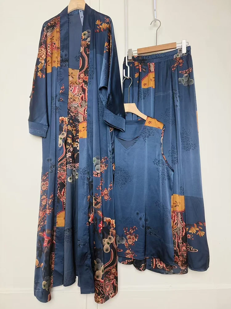 Designer retro positioning printing long cardigan+vest three-piece spring women's dress+loose plus size pants skirt fashion suit