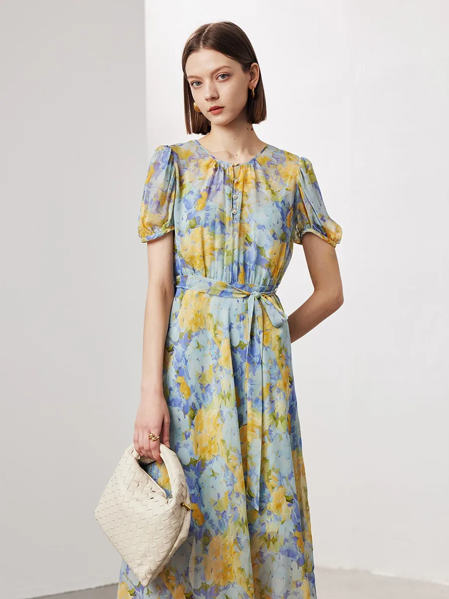 半袖シルクワンピース レディース 2025 春夏新作 花柄 ウエストマーク ロング ツーピース ロングドレス