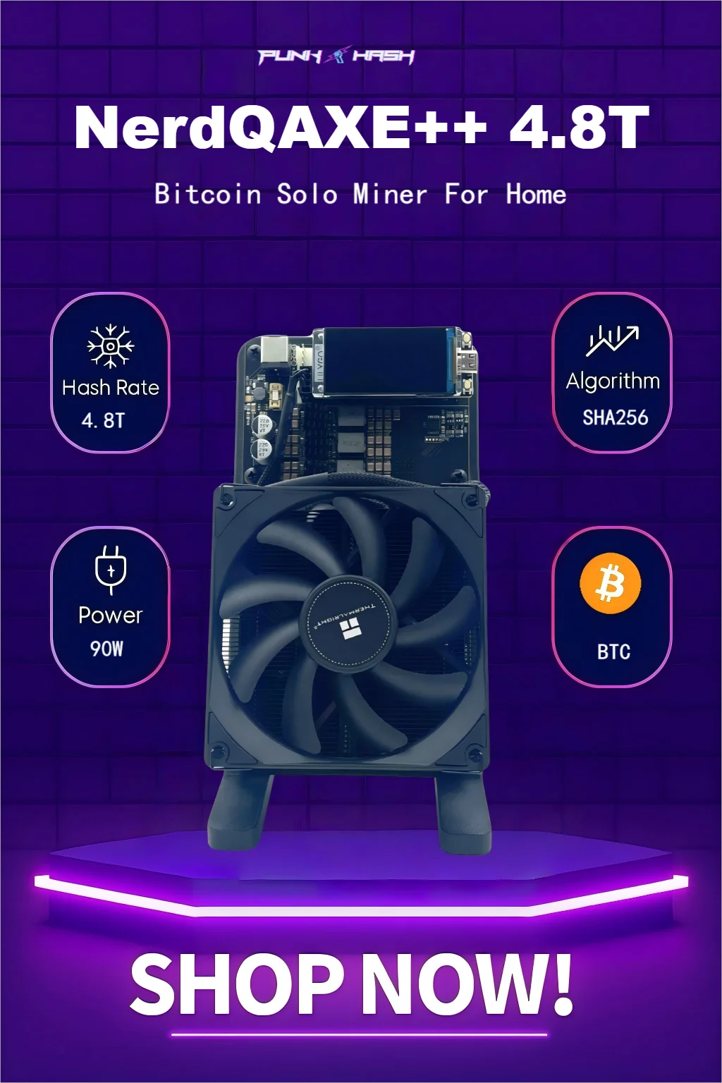 

Solo Miner NerdQAXE++ 4.8T BTC Miner For Home Silent Machine 75W BM1370 Miner
