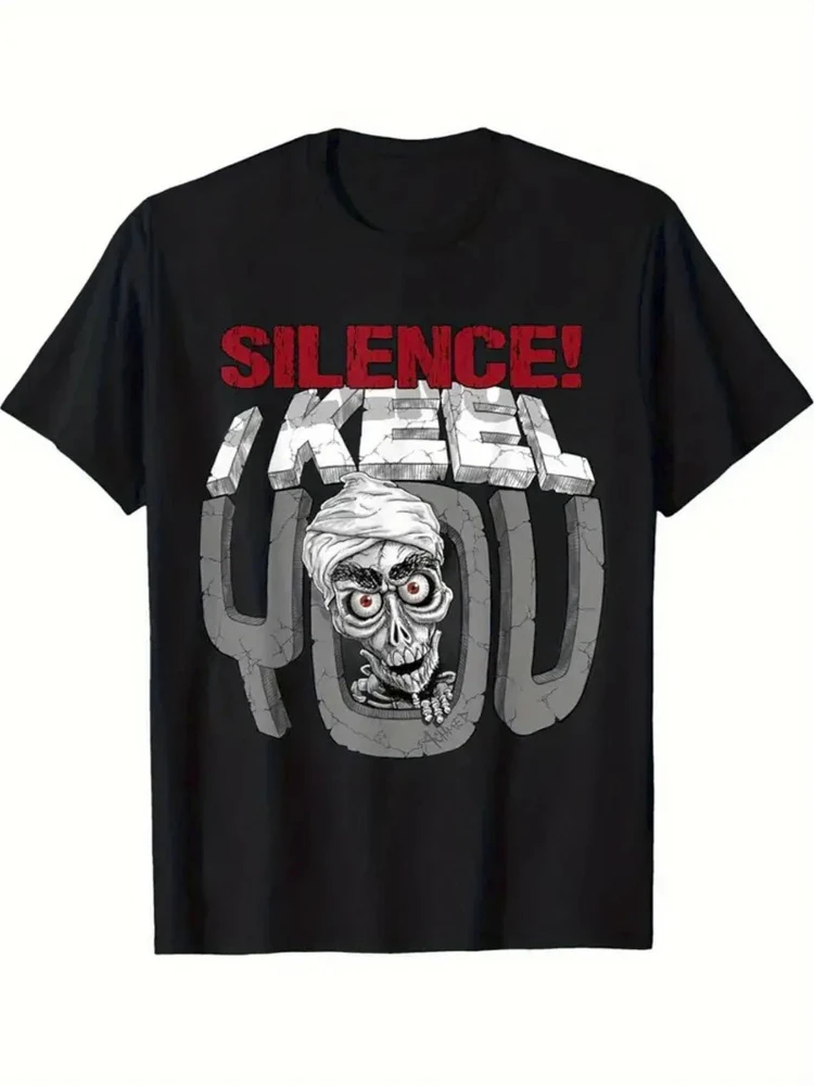 

"Silence! I Keep You" Graphic men's T-Shirt-100% Cotton, Casual Crew Neck, Short Sleeve with Bold Print & Robotic Skull Design.
