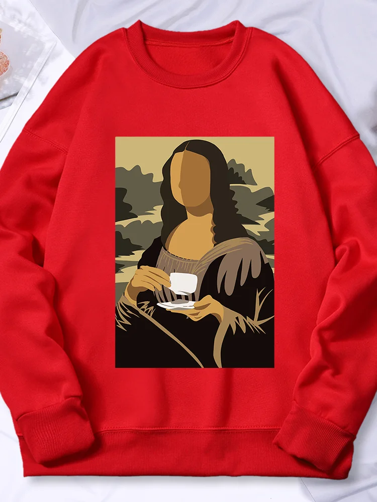 

Mona Lisa Drinking Coffee Prints Female Hoodie Fashion Fleece Warm Hoody Autumn Casual Sweatshirt Simple Loose Sportswear Women