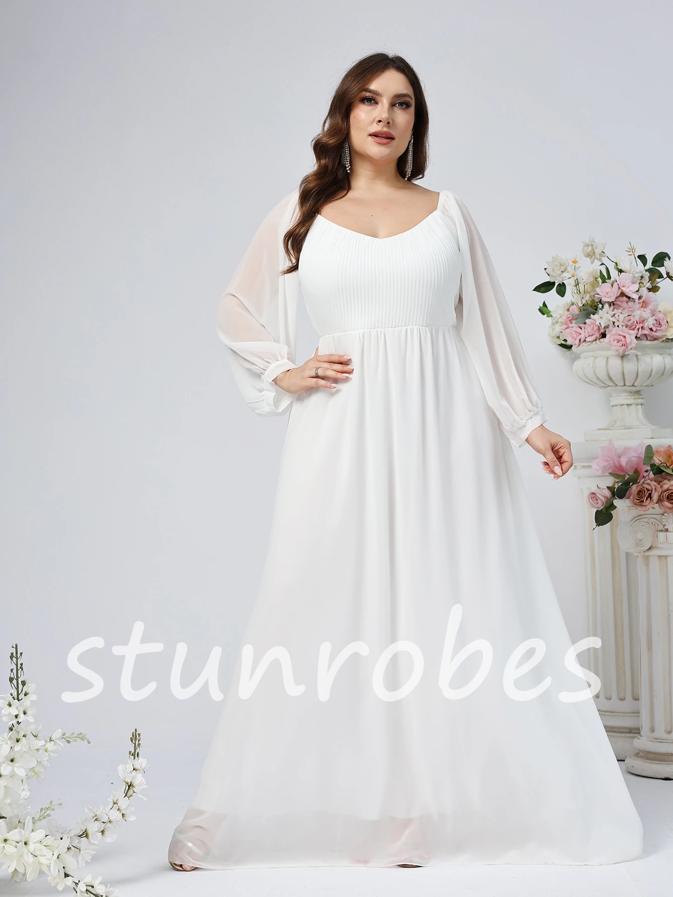 Robe de mariée blanche classique à manches longues, col carré, dos nu simple avec nœud, robe de mariée campagnarde