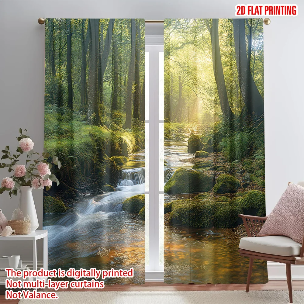 2D flat printing 2pcs Window Curtains Sunlit Forest Stream(1) Digital Printed Polyester Drapes Birthday Party for Photo Booths &