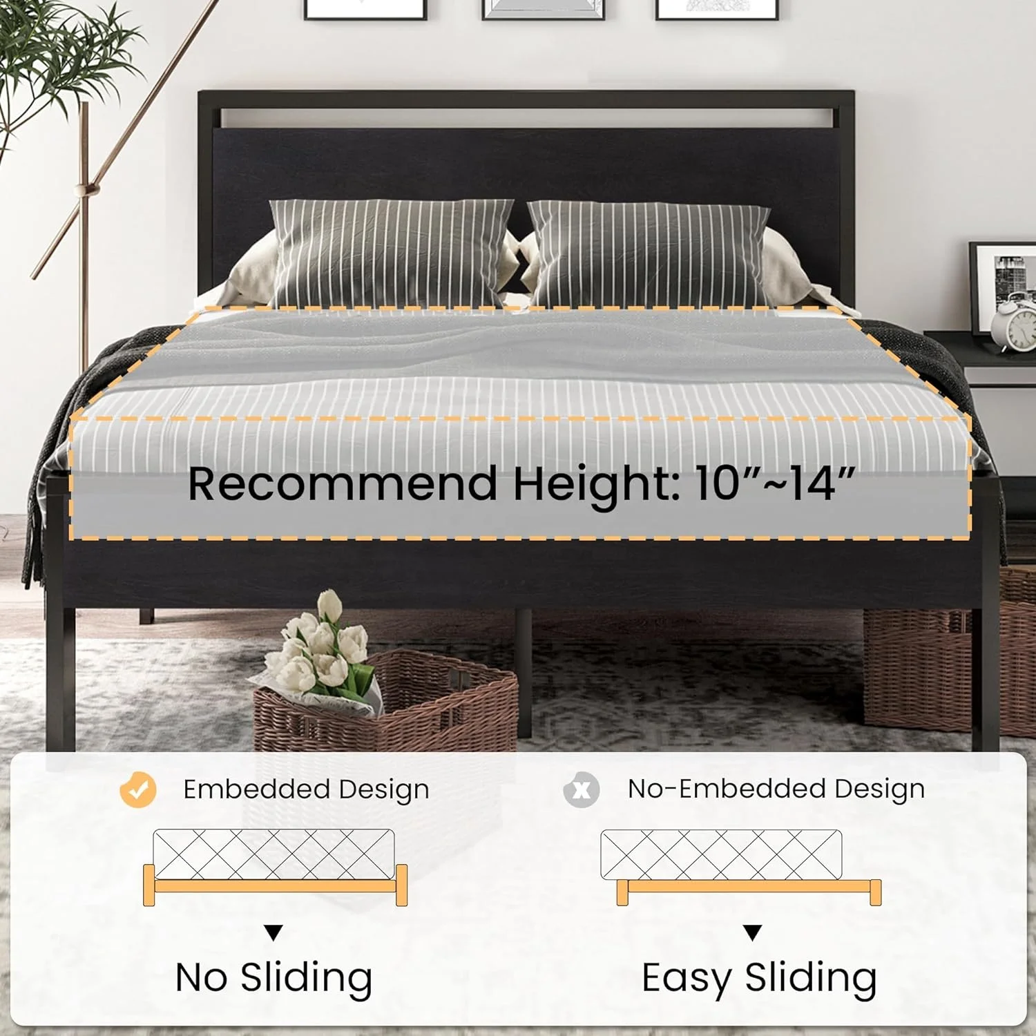 Wholesale Bed Frame for Bedroom Hotel Apartment Double Size Metal Bed Frame with Built-in Headboardpromote sales