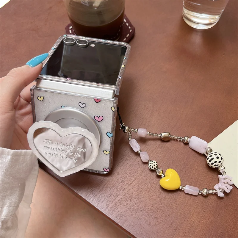 Cute Heart Glitter With Magsafe Mirror Holder Strap phone case For Samsung Galaxy Z Flip 8 5 6 7 Z Flip8 Foldable Cover Girls Ne
