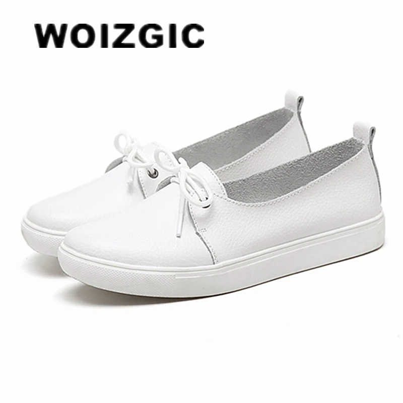 WOIZGIC Women Students Gril Female Genuine Leather White Shoes Flats Platform Lace Up Korean Casual Vulcanized Shoes FEZ-173