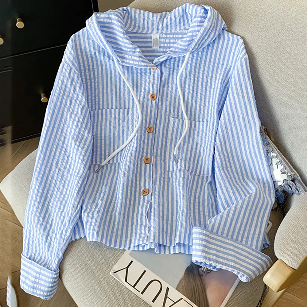 Camicie con cappuccio a righe blu stile coreano Donna Primavera Autunno Manica lunga Cappotto corto Casual Felpe con cappuccio monopetto Top
