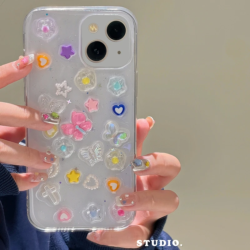 جراب ثلاثي الأبعاد بريق الفراشة لهواتف آيفون ، كوريا اليابانية ، 14 ، 13 ، 11 ، 12 برو ماكس ، بلس ، لون لطيف ، غطاء زهرة ناعم ، غلاف إيبوكسي شفاف ، فتاة ، اليابان ، كوريا #1