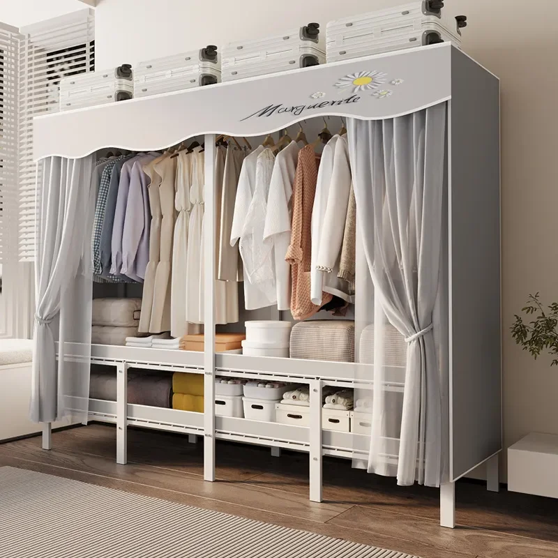 Installation Free Folding Wardrobe for Bedroom Simple Pull Curtain Closet Full Steel Frame Structure Durable Cloth Storage