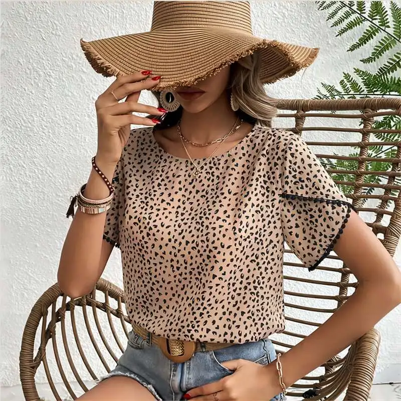JFUNCY Women's Summer Blouse 2023 New Leopard Elegant Blouses Woman Shirts Short Sleeve Female Tops Fashion Women Clothes