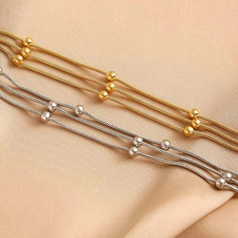Stainless Steel Elegant Beaded Round Snake Chain Gold Color Bracelets for Women Vintage Metal Multi Layer Charm Bracelet Jewelry