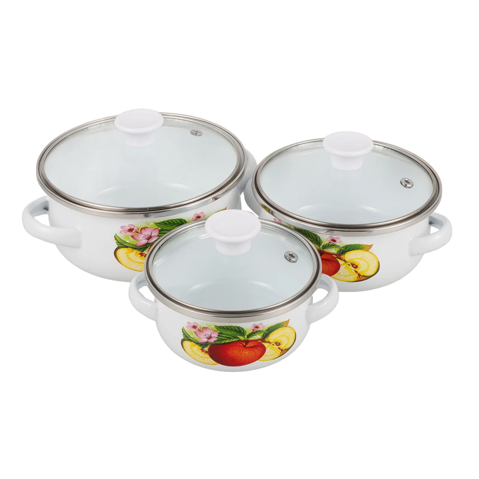 

3pcs Retro Enamel Soup Household Cooking Stockpot Stew Pot With Lid Vintage Flower Pattern Non-Slip Handles Portable Kitchen