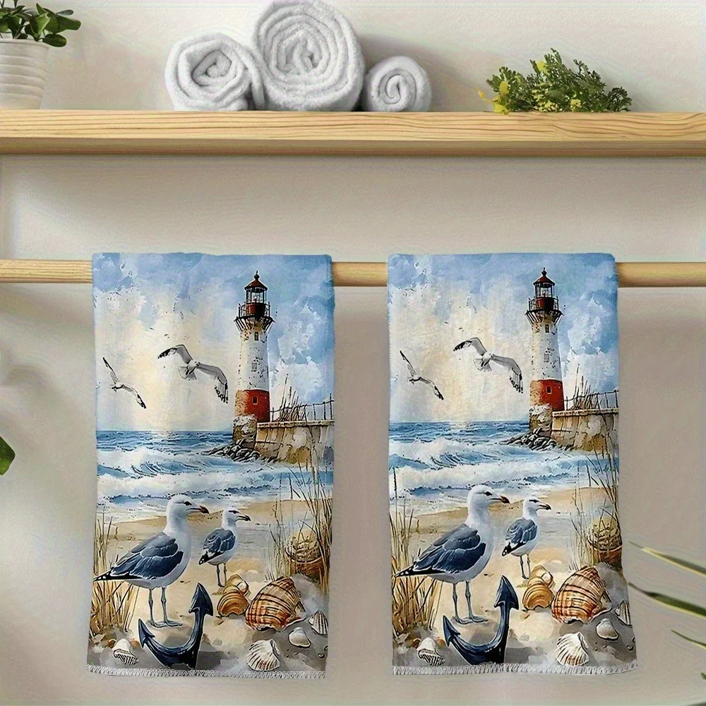 2PCs kitchen towels, lighthouse seagull beach pattern, colorful, super absorbent kitchen rags, tableware drying towels