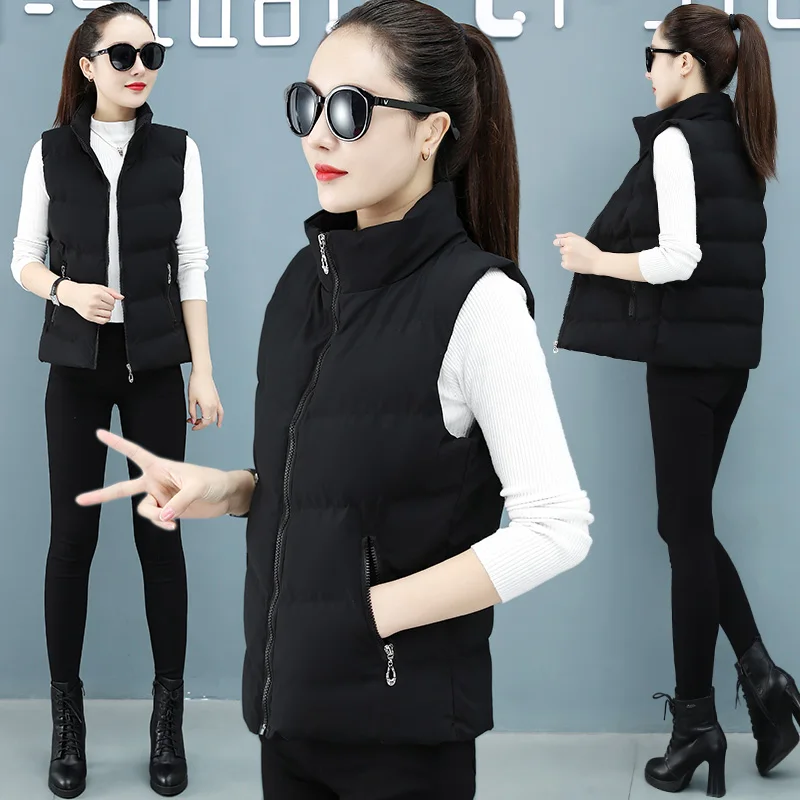 New Autumn Winter Thick Down Cotton Vest Women'S Fashion Versatile Stand Up Collar Warm And Loose Casual Sleeveless Coat Lady