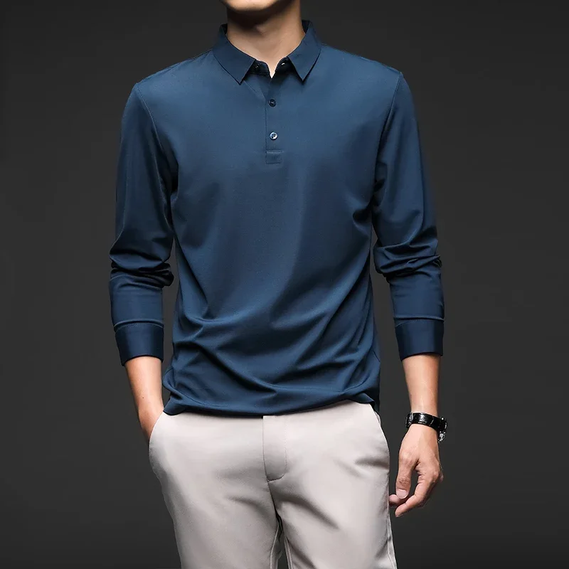 

Mulberry Silk Blended Long-Sleeved T-shirt Men's Spring Autumn Business Casual Solid Color Polo Collar T-shirt Polo Shirt Men