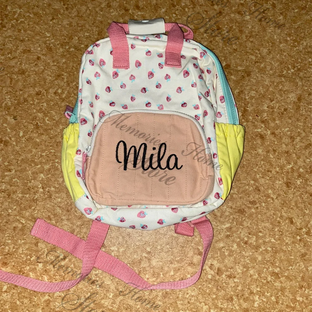 Mochila de fresa con nombre personalizado para niños, mochila escolar de escuela primaria, mochila de lona de algodón para niñas, nueva mochila saliente