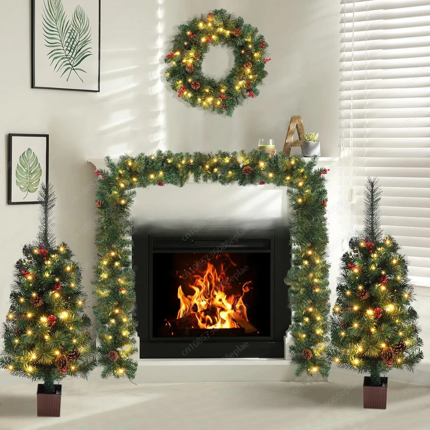 Hot-selling Christmas tree set, wreath door hanging pendant plus lamp vine tree set, four-piece set of Christmas decorations