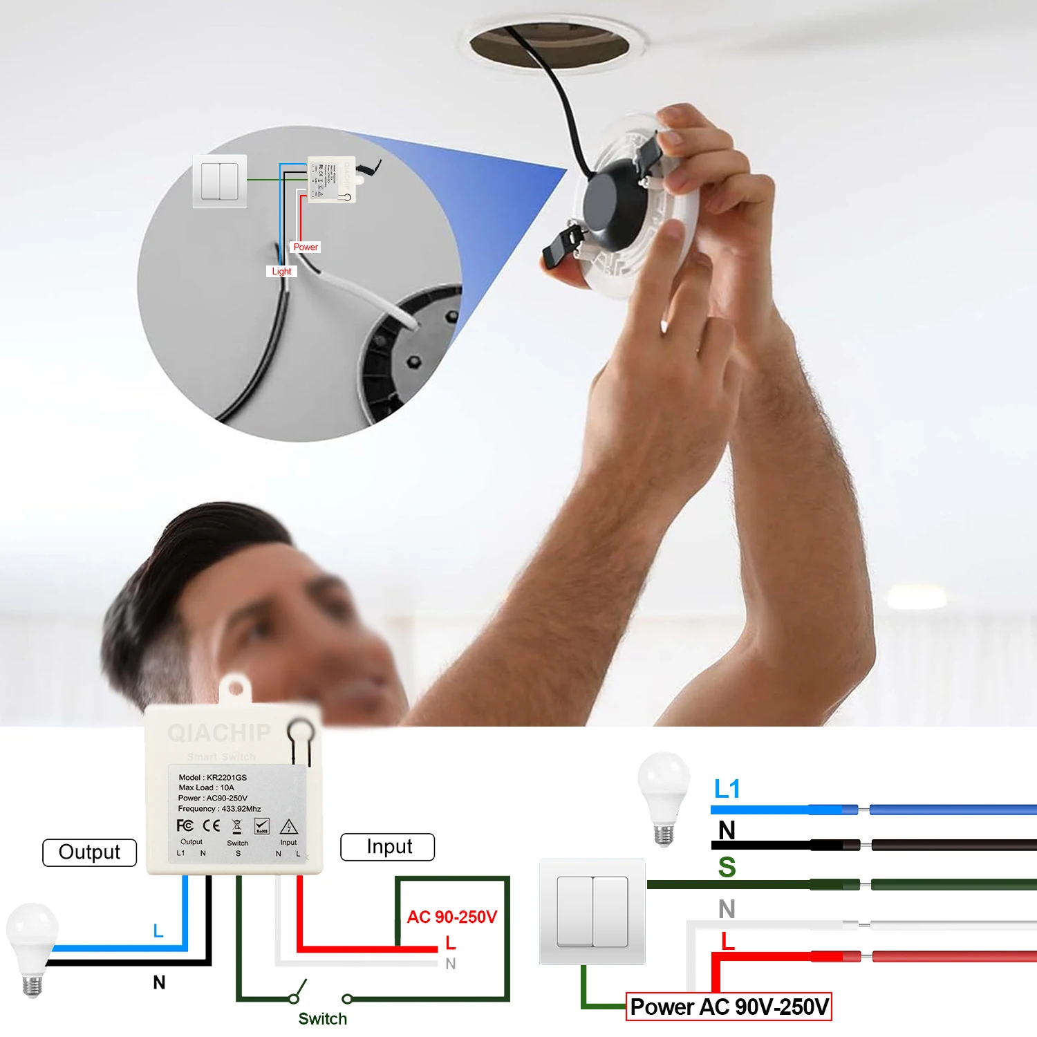 433mhz chytrý lehký spínač LED strčit knoflík spínač univerzální bezdrátový vzdálený ovládání AC90~250V 10A 1CH elektromagnetické relé regulátor pro lampa