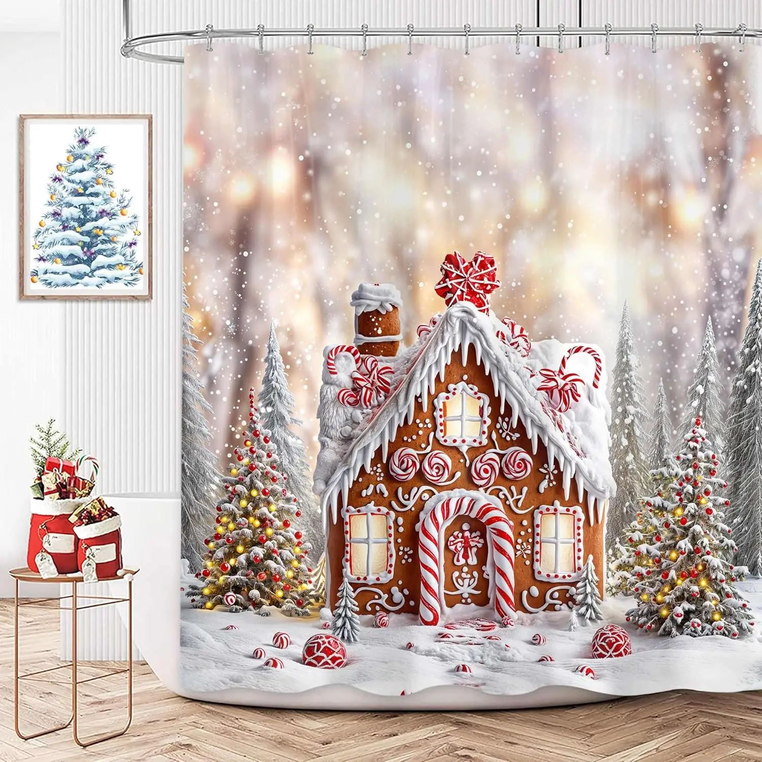 Christmas Gingerbread Shower Curtain, Gingerbread House Snowflake Winter New Year Holiday Kid Xmas Cute Bathroom Curtain Home