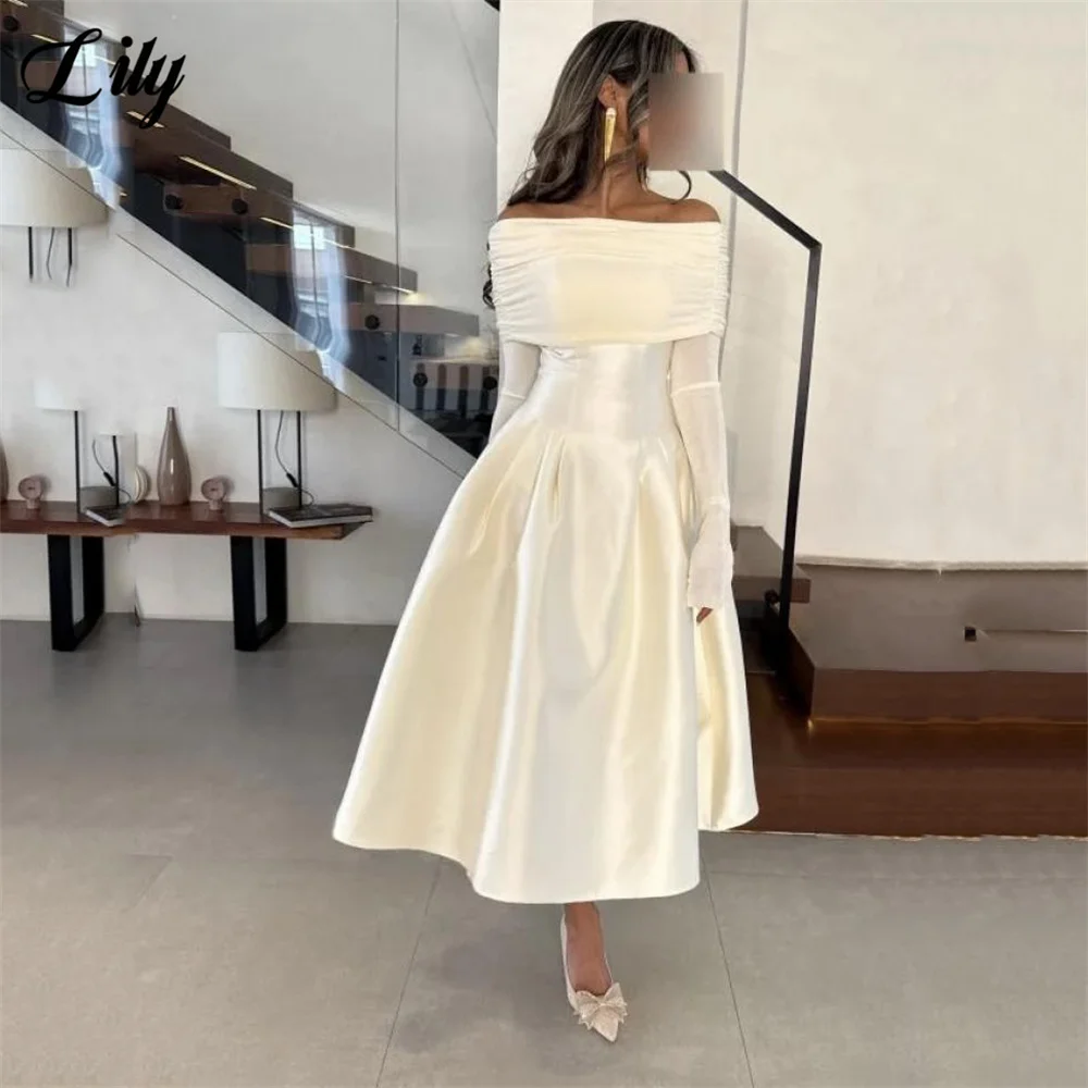 Lily White Evening Dress Off the Shoulder Prom Dresses Full Sleeves Party Formal Gown A Line robe de bal for Woman Customized image 3