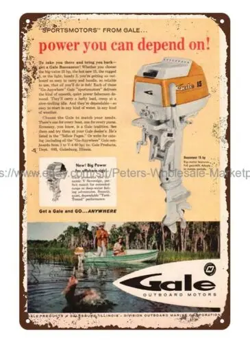 home wall 1960 GALE Buccaneer boating outboard motor marina metal tin sign