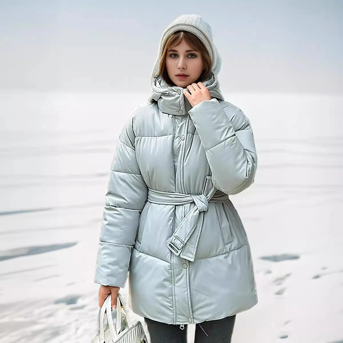 2024 Winter Women\'s Jacket Female Casual Waist Slimming Hooded Short Cotton Jacket Women Pure Color High Collar Warm Parkas