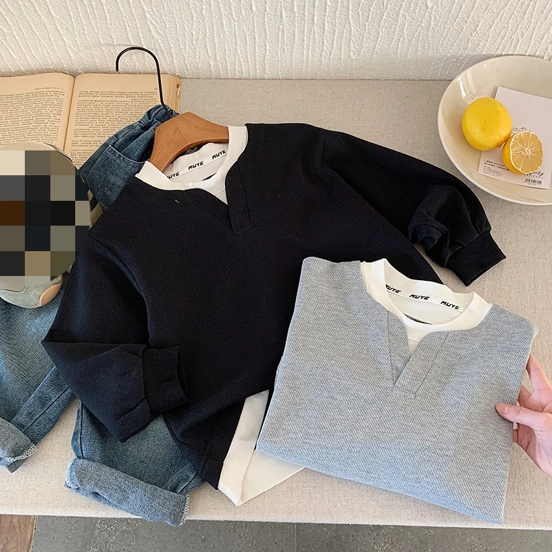 2026 Autumn Kids Hoodie Fall New Childrens Wear Boys Korean Fake Two Layer Pullover Baby Casual Wear Top 2