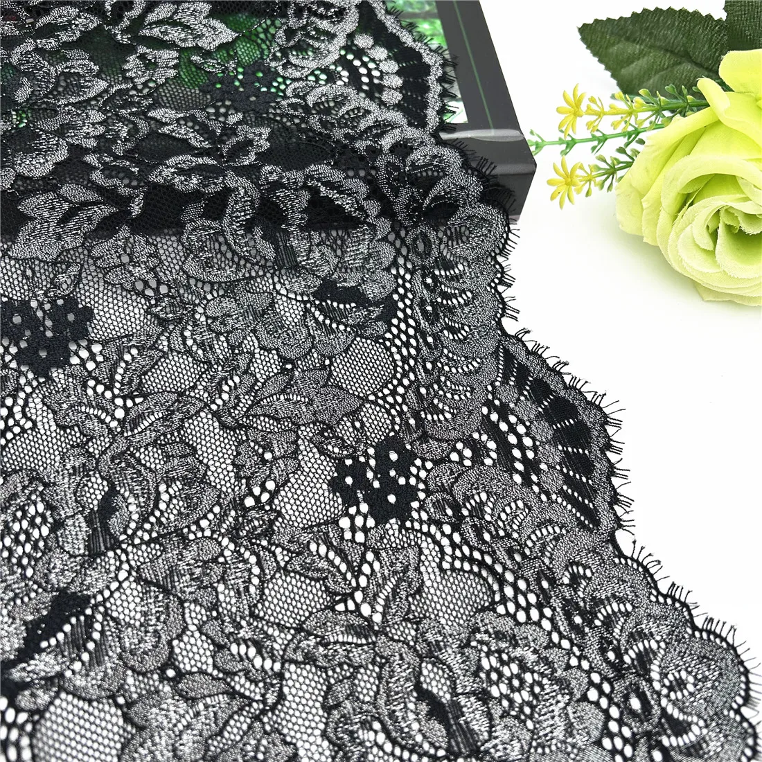 3y/lot Width 22.50cm Black Silver Elastic Eyelash Lace Trim For Skirt Hem Underwear Sewing Craft Wedding Apparel Fabrics Lace